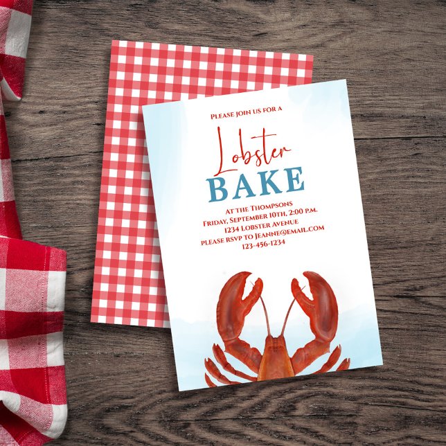 Convite Assar de frutos do mar Elegante Vermelho Personali (Lobster bake coastal style invitation template.)