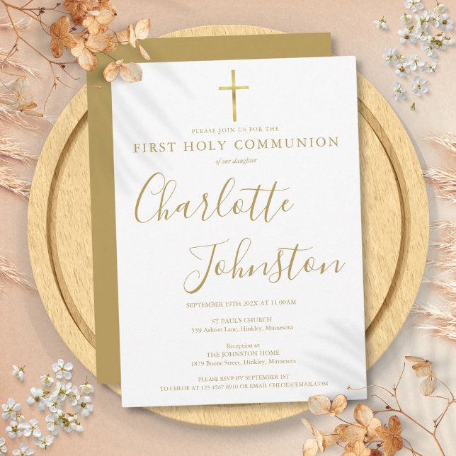 Convite Assinatura do Ouro Moderno Primeira Comunhão Sagra (Modern Golden Signature First Holy Communion Invitation)