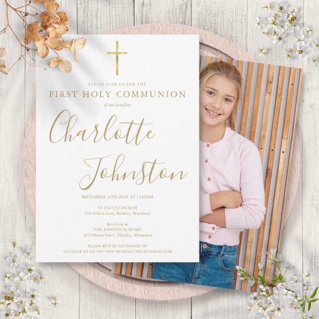 Convite Assinatura do Ouro Moderno Primeira Foto Sagrada d (Modern Golden Signature First Holy Communion Photo Invitation)
