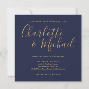 Convite Assinatura Elegante Casamento Azul Navy Dourado