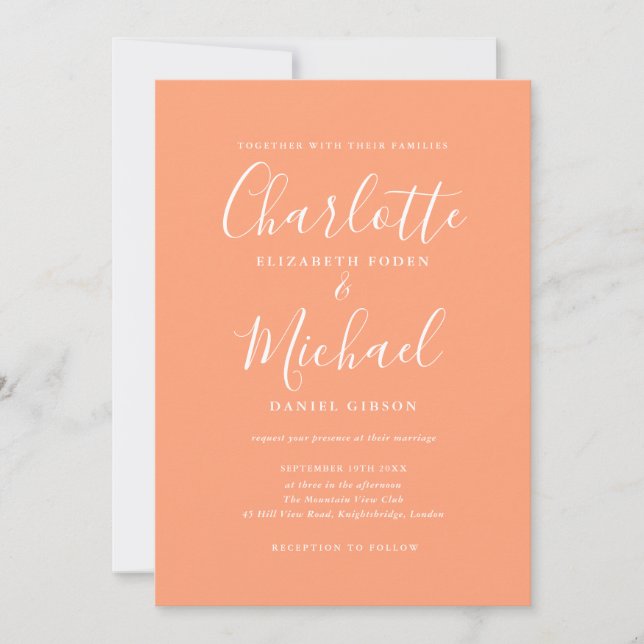 Convite Assinatura Elegante Casamento Pêssego Script (Frente)