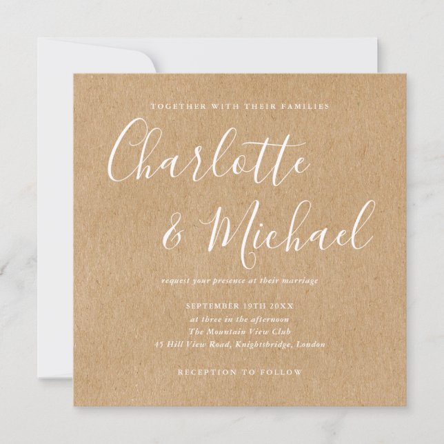 Convite Assinatura Elegante Casamento Rústico Kraft Script (Frente)