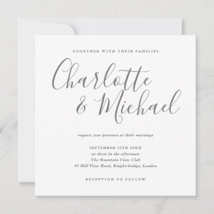 Convite Assinatura Elegante Script Cinza e Branco Casament