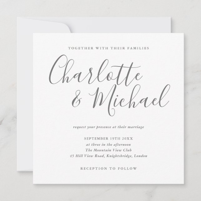 Convite Assinatura Elegante Script Cinza e Branco Casament (Frente)