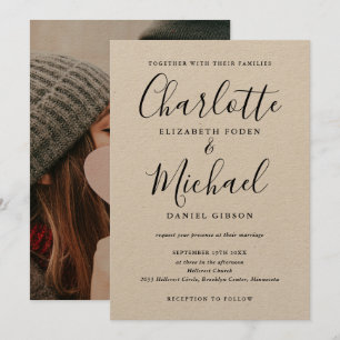 Convite Assinatura Preta Script Rústico Kraft Foto Casamen