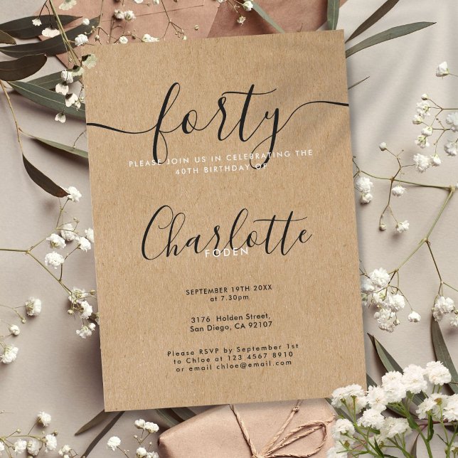 Convite Assinatura Rustic Kraft 40 Anos (Signature Rustic Kraft 40th Birthday Invitation)