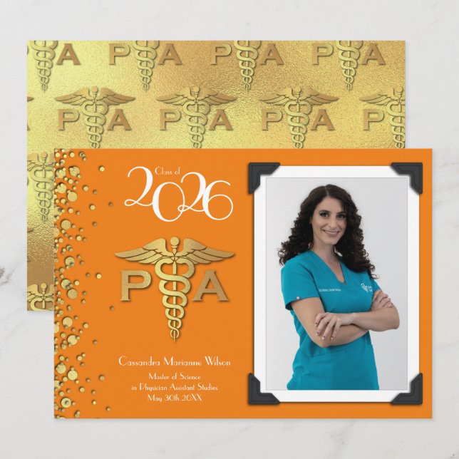 Convite Assistente Médico Graduado Laranja Dourado (Frente/Verso)