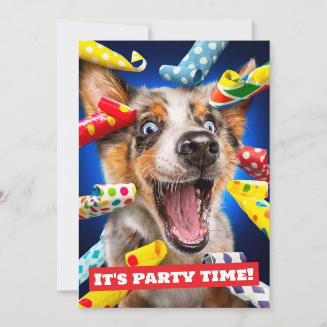Convite Assopradores de Festa de Cachorro Feliz (Frente)