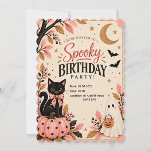 Convite Assustador de Halloween Gato Preto Rosa