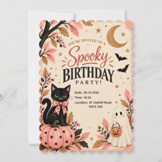 Convite Assustador de Halloween Gato Preto Rosa