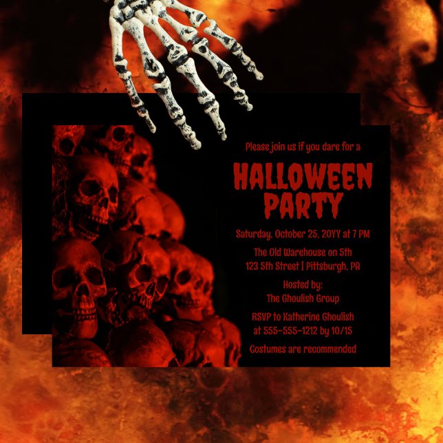 Convite Assustador e Assustador, Festa de Halloween (Creepy and spooky and oh so scary red skulls "Halloween Party" invitation.)