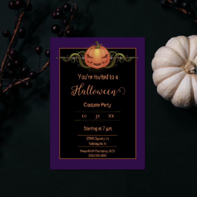 Convite Assustador Jack-o-Lanterna Halloween | Roxo (Purple Scary Jack-o-Lantern Halloween Party Invite)