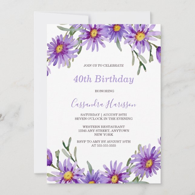 Convite Aster Floral Violet Birthday (Frente)