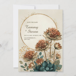Convite Astrantia Bronze Teal Botânica Casamento