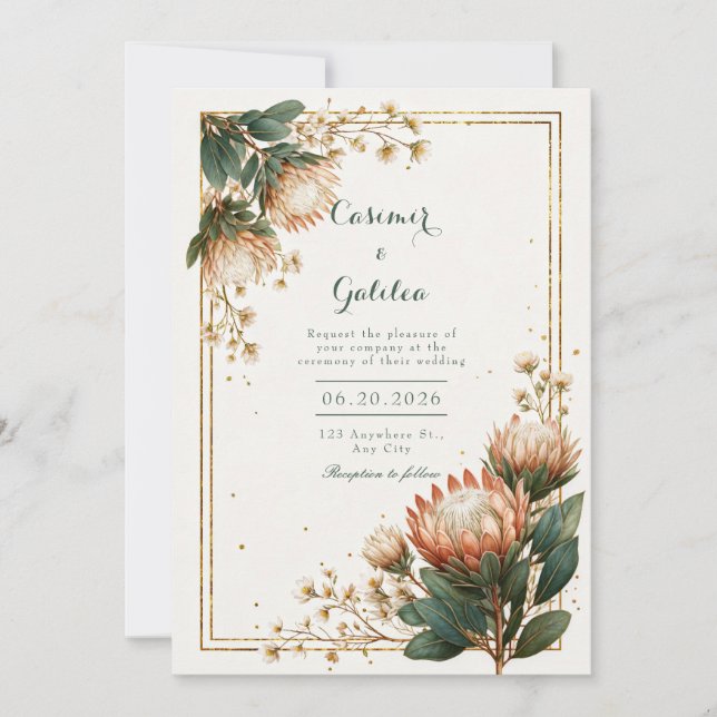 Convite Astrantia Marfim Folha Dourada Casamento (Frente)