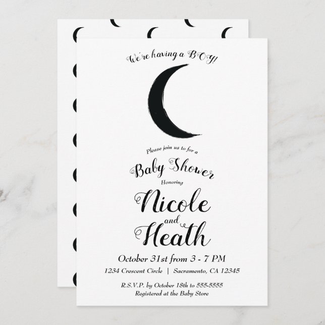 Convite Astrologia da Lua do Crescente Negro Chá de fralda (Frente/Verso)