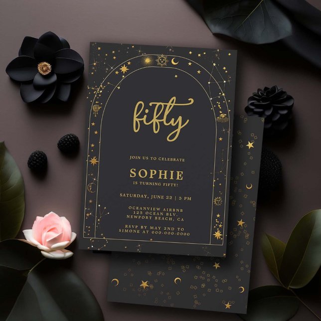Convite Astrologia Mística Fortune Arch 50º Aniversário (celestial theme 50th birthday invitations for women tarot horoscope constellations zodiac black gold)