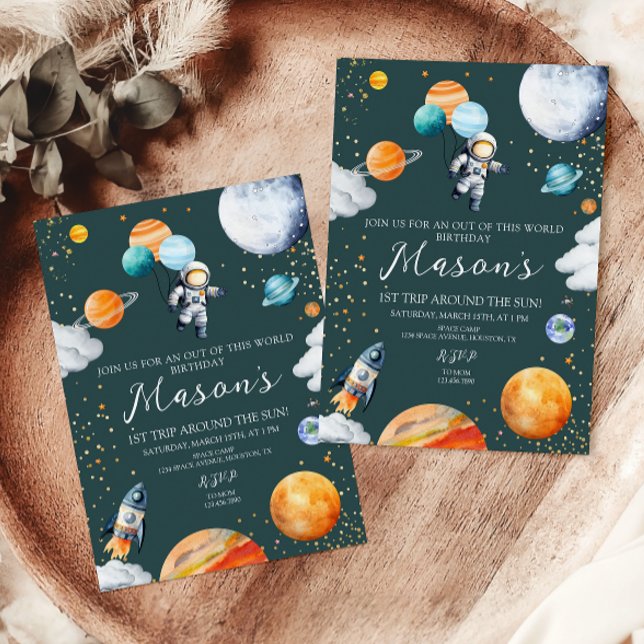 Convite Astronaut Balloon Planets 1st Trip Around the Sun (Criador carregado)