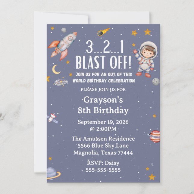 Convite Astronaut Outer Space Boy Birthday Invitation (Frente)