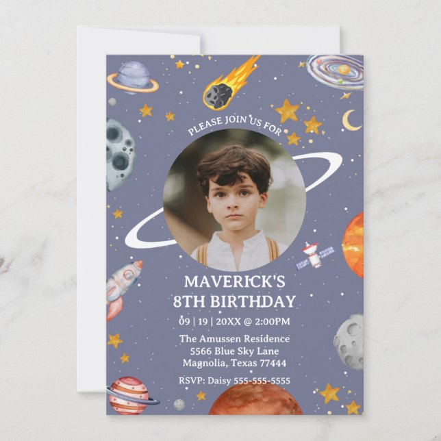 Convite Astronaut Outer Space Kids Photo Birthday (Frente)