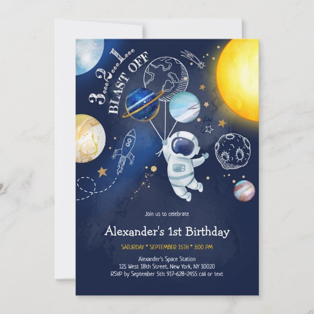 Convite Astronaut Outer Space Planet Galaxy Birthday (Frente)