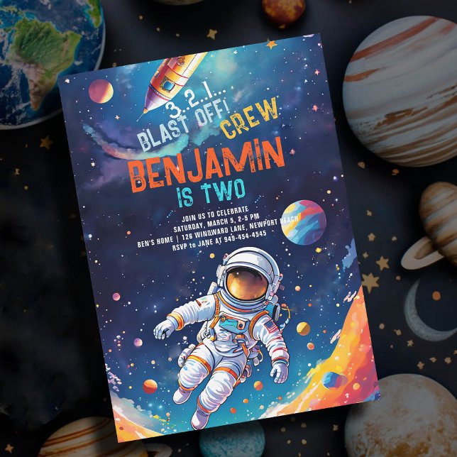 Convite Astronauta Astronauta Astronauta Planeta Foguete M (astronaut birthday party invitation boy deep space rocket planets stars watercolor spaceship)