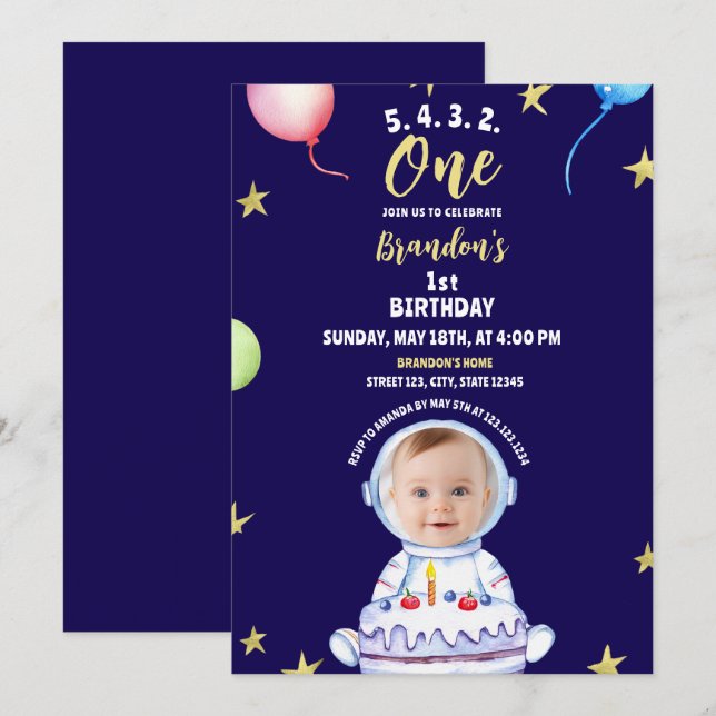 Convite Astronauta Azul De Aquarela Com primeiro aniversar (Frente/Verso)