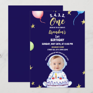 Convite Astronauta Azul De Aquarela Com primeiro aniversar