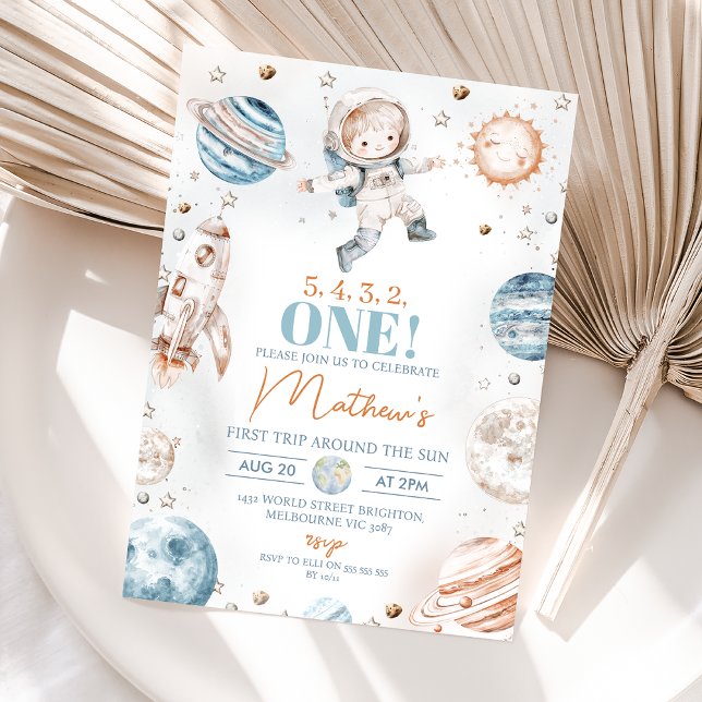 Convite Astronauta Blue First Trip em torno do Sol Astrona (Boys First Trip Around the Sun 1sy Birthday Invitation, Astronaut Outer-space Themed Planets Space)