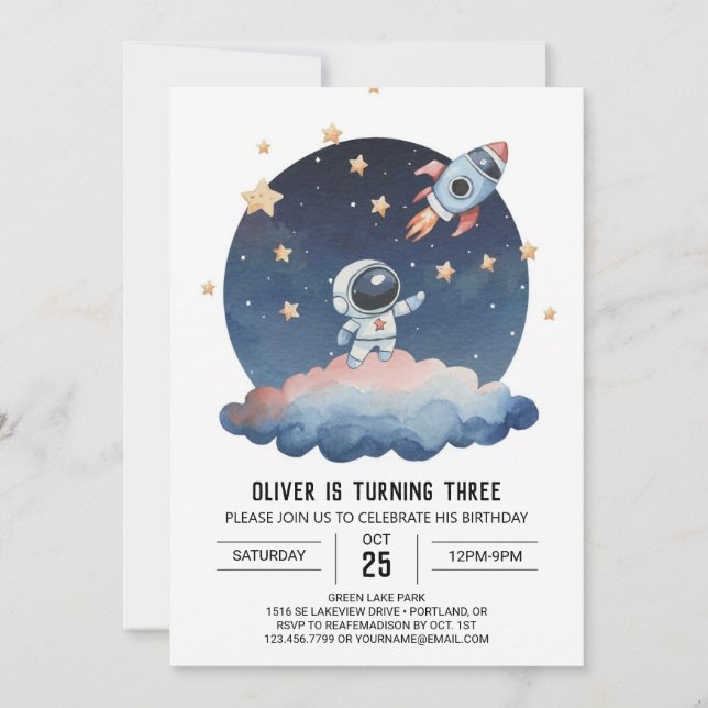 Convite Astronauta Blue Star Watercolor Boy Birthday (Frente)