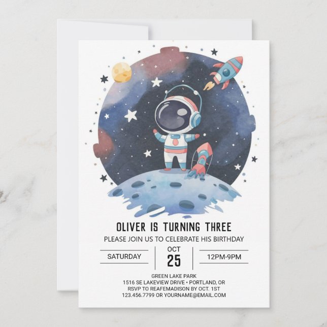Convite Astronauta Cósmico Blue Boho Astronauta Boy Aniver (Frente)