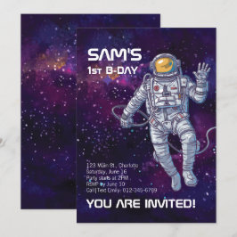 Convite Astronauta de Aquarela no Espaço com Estrelas e Ga