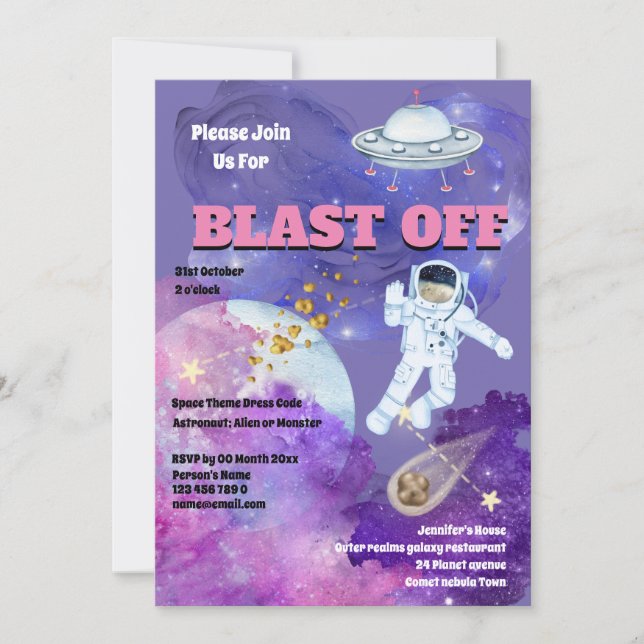 Convite Astronauta de foguete rosa roxo meninas espaço (Frente)