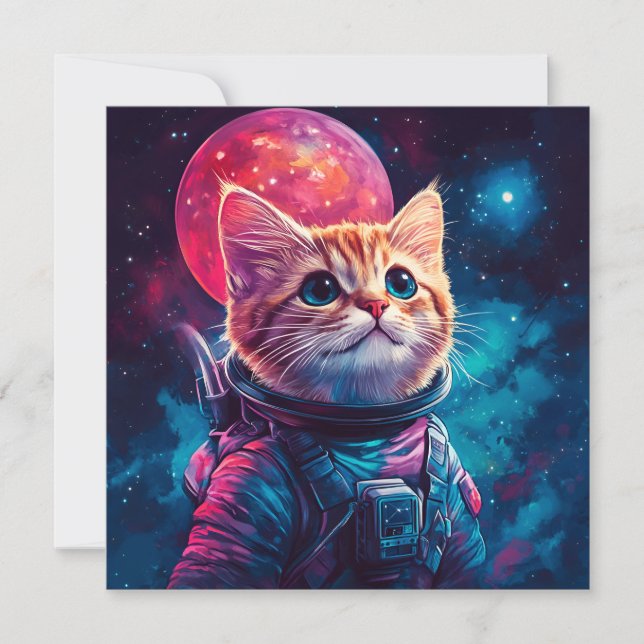 Convite Astronauta de gato - espaço rosa (Frente)
