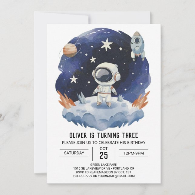 Convite Astronauta Digital Bohemian Watercolor Astronauta  (Frente)