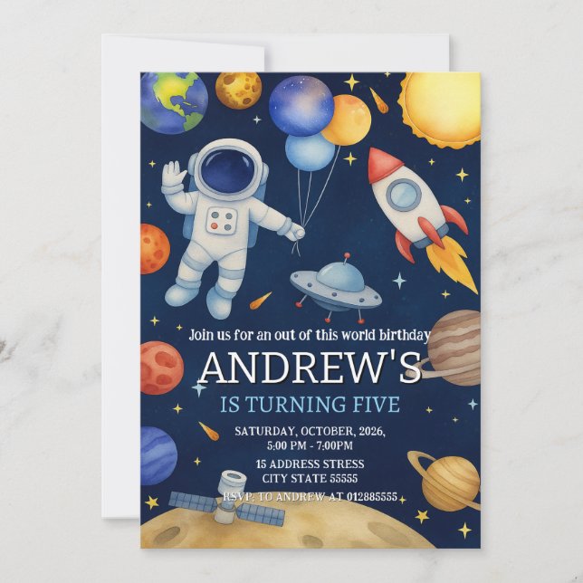 Convite Astronauta do Espaço Exterior Moderno Personalizad (Frente)