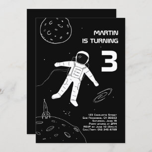 Convite Astronauta do Espaço Moderno Negro e Branco Astron