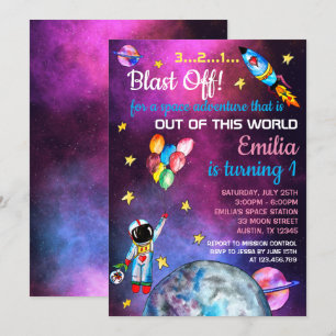 Convite Astronauta Espacial Exterior Balões Arco-Íris Lu
