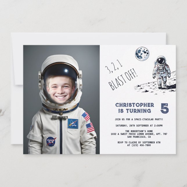 Convite Astronauta Figurino de Explosão Foto Aniversário (Frente)