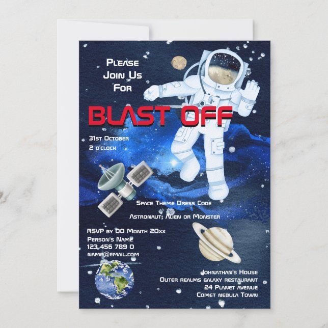 Convite Astronauta flutuando entre planetas MENINOS espaço (Frente)