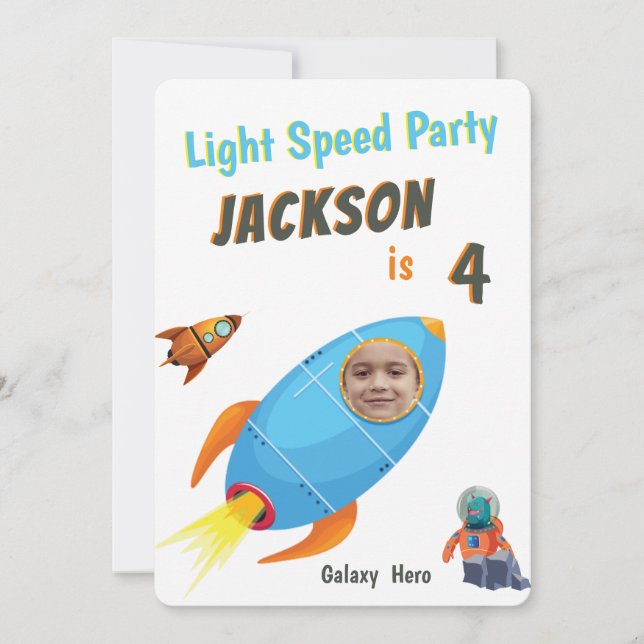 Convite Astronauta Galáxia Hero Modelo de Foto Astronauta  (Frente)
