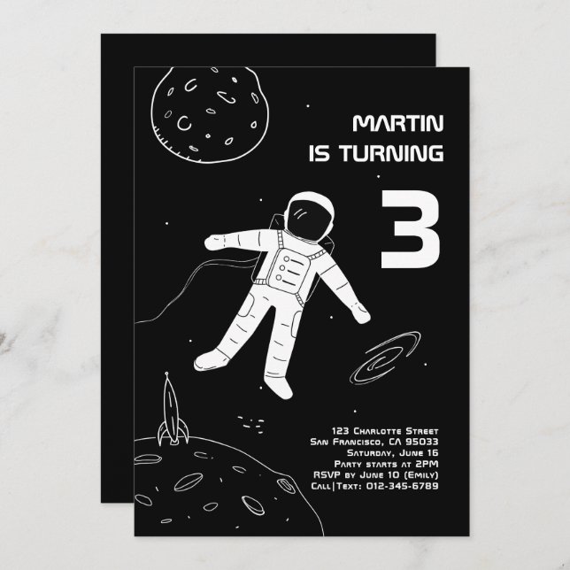Convite Astronauta Moderno Negro e Branco Astronauta Anive (Frente/Verso)