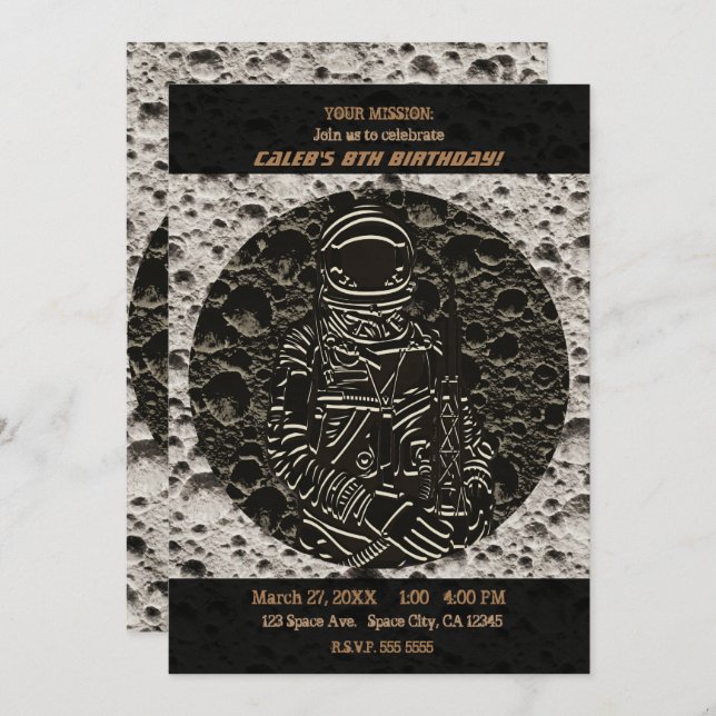 Convite Astronauta na Lua Espaço Preto & Cinza (Frente/Verso)