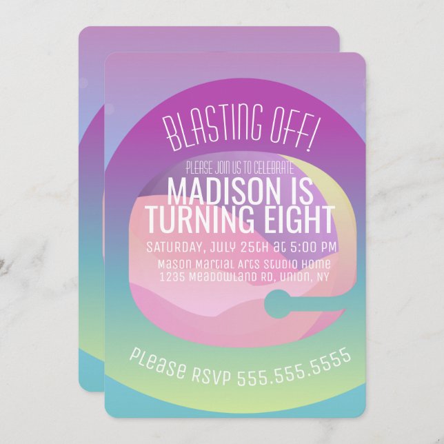 Convite Astronauta Planeta Espacial Omã Aniversário em Qua (Frente/Verso)