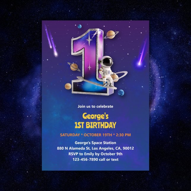 Convite Astronauta primeiro aniversario de Menino do Espaç (Astronaut Outer Space Themed Boy 1st Birthday Invitation)