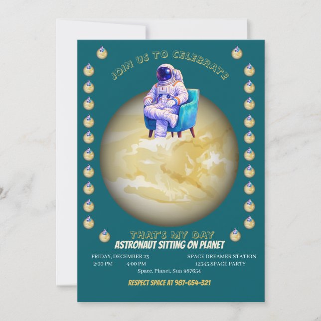 Convite Astronauta Relaxado Sentado no Planeta (Frente)