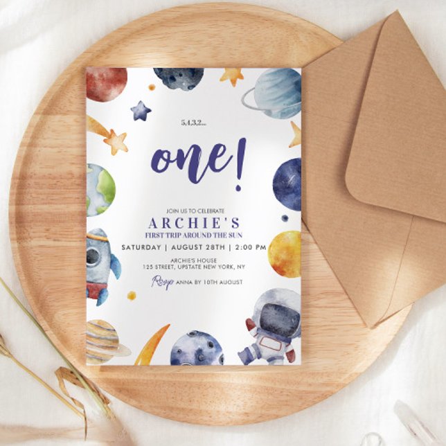 Convite Astronauta Space 1rua Trip Ao Redor Do Sol Anivers (1st trip around the sun themed watercolor illustration birthday invitation party invite template )