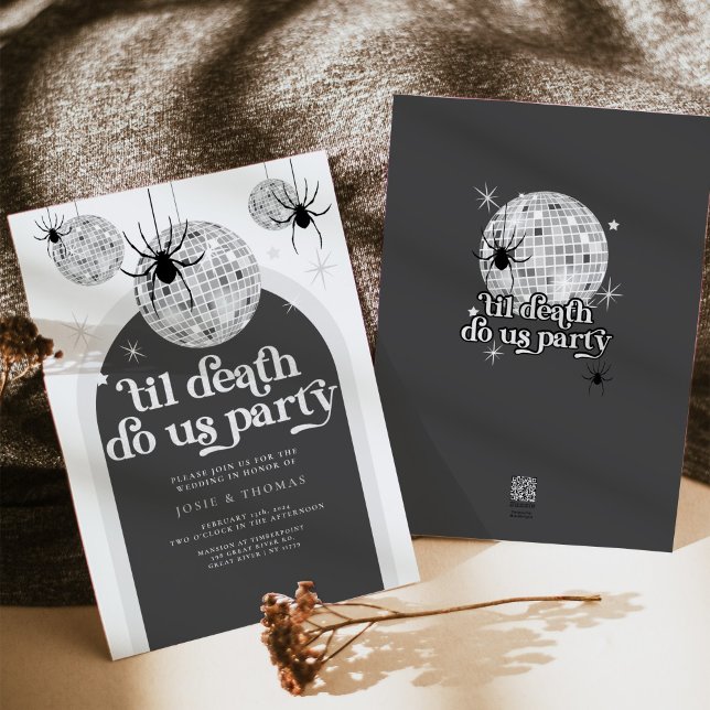 Convite Até a morte festejamos Desco Aranhas Casamento (Til death do us party Disco Spiders Wedding Invitation)