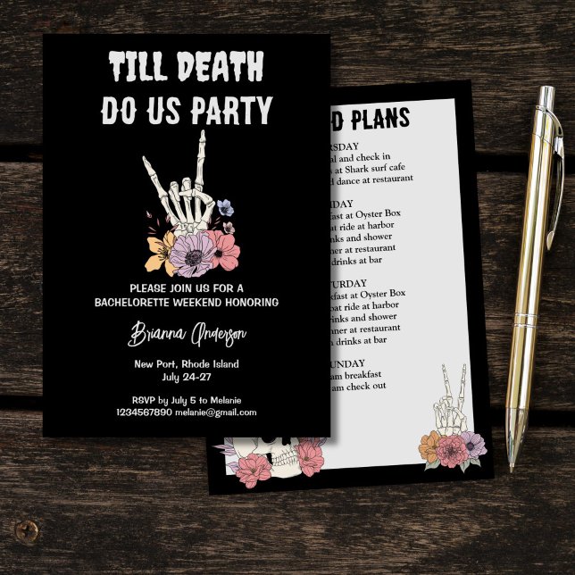 Convite Até a morte, festejamos no fim de semana da desped (Till death do us party bachelorette weekend itinerary black gothic skeleton invitation template)