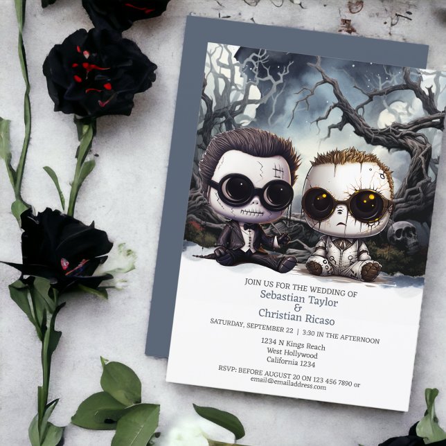 Convite Até a morte nós fazemos parte dois grupos (Till death us do part Two Grooms Invitations from Ricaso
Two groom spooky dolls in haunted forest)